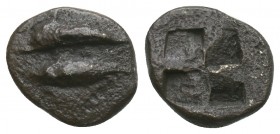 Greek Coins Mysia Kyzikos AR Obol Circa 550-500 BC. 0.8 gr. 10.4 mm
Obv Two tunny fish swimming left. Rev.quadripartite incuse.