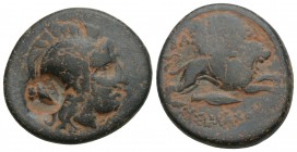Greek Coins KINGS OF THRACE. Lysimachos (305-281 BC). Ae.
 Obv: Helmeted head of Athena right. Owl countermark Rev: ΒΑΣΙΛΕΩΣ / ΛΥΣΙΜΑXΟΥ. Lion jumping...
