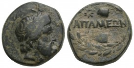 PHRYGIA. Apameia. Ae (2nd-1st centuries BC).
Obv: Laureate head of Serapis right, wearing Egyptian crown.
Rev: ΑΠΑΜΕΩΝ. Pileoi of the Dioskouroi withi...
