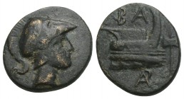 Kingdom of Macedon, Demetrios I Poliorketes. Uncertain mint in Asia Minor, 306-283 BC. Æ16, 2.5 g. 15.5mm.
Helmeted head of Athena right / B A prow ri...