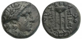 Greek Seleukid Kingdom. Sardeis. Antiochos II Theos 261-246 BC.Bronze Æ
Laureate head of Apollo right / Tripod; monogram to outer right, anchor in exe...