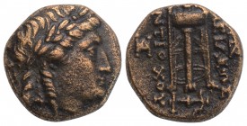 Greek Seleukid Kingdom. Antiochos II Theos. 261-246 B.C. AE Antioch mint.
 Laureate head of Apollo right Rev: tripod, monograms in fields right and le...
