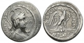Roman Republican M. Plaetorius M.f. Cestianus. 57 BC. AR Denarius 19.8mm, 3.80 g, . Rome mint.
Winged and draped bust of Vacuna right, wearing creste...
