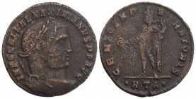 Roman Imperial Galerius Maximianus
Heraclea, 308-309 AD.Æ follis, 4.8 g. 25.4 
IMP C GAL VAL MAXIMIANVS P F AVG laureate head right / GENIO IMPERATORI...
