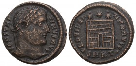 Roman Imperial Constantine I (307/310-337). Æ Follis (18.6mm, 3.0g,)
 Cyzicus, 325-6. Laureate head r. R/ Camp-gate surmounted by two turrets, star ab...