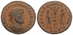 Roman Imperial Galerius, as Caesar, Æ Radiate. Antioch, AD 296. 2.8 Gr 20 mm.
 GAL VAL MAXIMIANVS NOB CAES, radiate, draped and cuirassed bust right /...