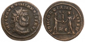 Roman Imperial Maximian Æ Radiate. Cyzicus, AD 295-299. 
IMP C M A MAXIMIANVS P F AVG, radiate, draped, cuirassed bust to right / CONCORDIA M[ILITV]M,...
