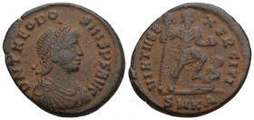 Roman ImperialTheodosius I. A.D. 379-395. AE 2 Majorina (24.1 mm, 5.2 g, ). Cyzicus mint, Struck A.D. 387-92.
 D N THE[ODO]-SIVS P F AVG, diademed, dr...