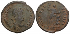 Valentinian II Æ Maiorina. Antioch, AD 383-388. 
D N VALENTINIANVS P F AVG, pearl-diademed, draped and cuirassed bust right 
VIRTVS EXERCITI, Emperor ...