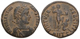 Valentinian II Æ Maiorina. Antioch, AD 383-388. 
D N VALENTINIANVS P F AVG, pearl-diademed, draped and cuirassed bust right 
VIRTVS EXERCITI, Emperor ...