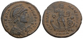 Roman Imperial Gratian (367-383). Æ 23mm, 4.88g,. Nicomedia, 367-75. Pearl-diademed, helmeted, draped and cuirassed bust r.,
 holding spear and shield...