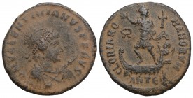 Roman İmperial Valentinianus II (375-392) AE 2 , Antioch (Antakya), 5th Offizin, 378-383 AD 5.0 g 23.2mm
 D N VALENTINIANVS P F AVG, bust with helmet,...