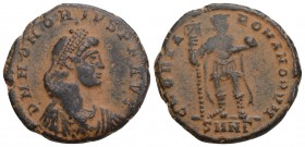 Roman Imperial Honorius. A.D. 393-423. AE 2 Nicomedia mint, struck A.D. 393-395. 
D N HONORIVS P F AVG, pearl-diademed, draped, and cuirassed bust rig...