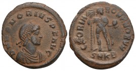 ROMAN IMPERIAL Honorius Æ Nummus. Cyzicus, AD 393-423. 4.2Gr 22.1 mm
D N HONORIVS P F AVG, draped and pearl-diademed bust right / GLORIA ROMANORVM, Em...