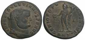 Roman Imperial Diocletian Æ Nummus. Antioch, AD 300-301. 8.8gr 27.3mm.
IMP C DIOCLETIANVS P F AVG, laureate head right / GENIO POPVLI ROMANI, Genius s...
