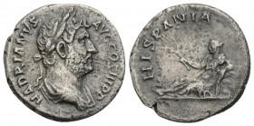 Roman Imperial Hadrian AR Denarius. Rome, AD 134-138. 3.GR 17.9mm
HADRIANVS AVG COS III P P, bare head right / HISPANI, Hispania reclining left, holdi...