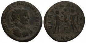 Roman Imperial Carinus Æ Antoninianus. Antioch, AD 283-285. 3.6gr 20.4mm
 IMP C M AVR CARINVS P F AVG, radiate and cuirassed bust right / VIRTVS AVGG,...