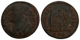 Roman Imperial Licinius I AD 308-324. Heraclea Follis Æ 17mm., 2.9gr 19mm.
 IMP LICINIVS AVG, laureate draped bust left holding globe, sceptre and map...
