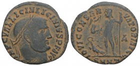 Roman Imperial Licinius I BI Nummus. Heraclea, AD 312. 2.5GR 22.5MM
 IMP C VAL LICIN LICINIVS P F AVG, laureate head to right / IOVI CONSERVATORI AVGG...