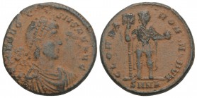 ROMAN IMPERIAL Theodosius I Æ Nummus. Nicomedia, AD 392-394. 5.1GR 21.5MM
D N THEODOSIVS P F AVG, diademed, draped and cuirassed bust right / GLORIA R...