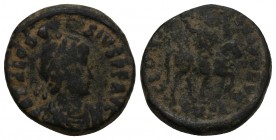 Roman Coins Theodosius I, 379 - 395 AD AE Follis, 15.7mm, 2.4 grams 
Obverse: D N THEODOSIVS P F AVG, Diademed, draped and cuirassed bust of Theodosiu...