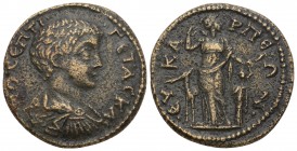 Roman Provincial Coins. Phrygia Eukarpeia Geta (209 - 211) Caesar (197 - 209) Bronze 7.4 Gr. 25.1 mm.
Obv. bare-headed, draped and cuirassed bust to r...