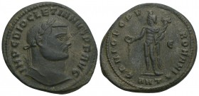 Roman Imperial Diocletian AD 284-305. Antioch Follis Æ 28.8mm, 8.9 g IMP C DIOCLETIANVS P F AVG, laureate head right 
 GENIO POPVLI ROMANI, Genius sta...