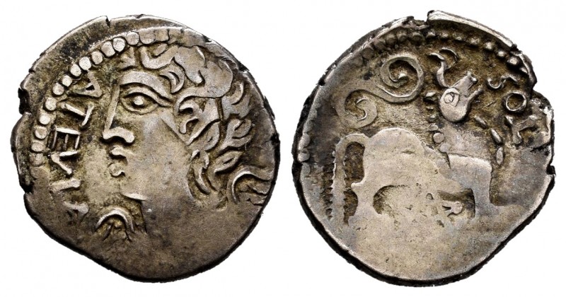Galia. Northeast. Quinarius. 50-30 BC. Remi. Anv.: Winged bust left. ATELVA. Rev...
