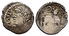 Galia. Northeast. Quinarius. 50-30 BC. Remi. Anv.: Winged bust left. ATELVA. Rev.: Bull standing right, head raised; spiral ornament above, pentagram ...