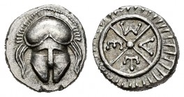 Thrace. Mesembria. Diobol. s. IV BC. (SNG BM Black Sea-268/271). (Topalov, Messambria-8). (Karyatov I-37/38). Anv.: Frontal helmet. Rev.: Wheel with M...