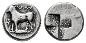 Bithynia. Kalchedon. Drachm. 367-340 BC. (SNG BM Black Sea-104). (Hgc-7, 511). Anv.: KAΛX, bull standing to left on grain ear; kerykeion and caduceus ...