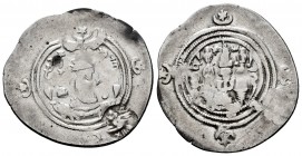 Sassanid Empire. Khusru II. Drachm. RY 9?. WH (Weh-Andiyok-Shapur). (Göbl-II/2). Ag. 3,43 g. Simurgh countermark left, type Cm 11D. Choice F. Est...50...