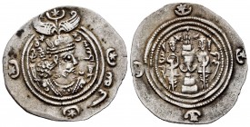 Sassanid Empire. Khusru II. Drachm. RY 13. LD (Rayy). (Göbl-II/3). Ag. 4,04 g. Choice VF. Est...60,00. 

SPANISH DESCRIPTION: Imperio Sasánida. Khusru...