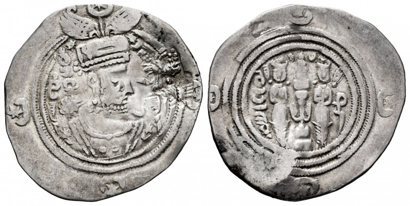 Sassanid Empire. Khusru II. Drachm. RY 25. ML (Marw). (Göbl-II/3). Ag. 2,68 g. S...