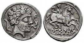Arsaos. Denarius. 120-80 BC. Area of Navarra. (Abh-139). (Acip-1655). Anv.: Male head on the right with three levels of hair, behind plow, before dolp...