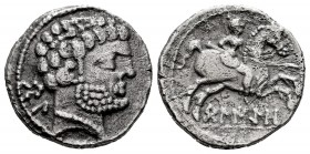 Belikio. Denarius. 120-20 BC. Belchite (Zaragoza). (Abh-242). (Acip-1431). Anv.: Bearded head to the right with Iberian letters behind BeL. Rev.: Lanc...