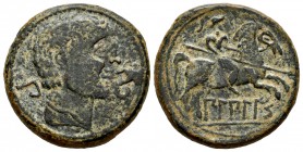 Bilbilis. Unit. 120-30 BC. Calatayud (Zaragoza). (Abh-258). (Acip-1573). (C-11). Anv.: Male head right, dolphin in front. Rev.: Horseman riding right,...