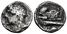 Carthage Nova. Shekel. 235-220 BC. Uncertain mint. (Abh-482). (Acip-543). Anv.: Diademed male head (Hamilcar?) left . Rev.: Prow of ship to right with...
