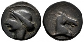 Carthage Nova. Calco. 220-215 BC. Cartagena (Murcia). (Abh-511). Anv.: Tanit's head left. Rev.: Horse head to right, in front of Phoenician letter. Ae...