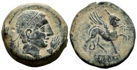 Kastilo-Castulo. Unit. 180 BC. Cazlona (Jaén). (Abh-701). Anv.: Male head right, ahead hand. Rev.: Sphinx right, ahead star. Ae. 14,49 g. Choice VF. E...