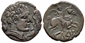 Kelse. Unit. 120-50 BC. Velilla del Ebro (Zaragoza). (Abh-771 var). (Acip-1482 var). Anv.: Male head on the right flanked by three dolphins. Rev.: Hor...