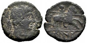 Kelin. Unit. 120-20 BC. Caudete de las fuentes (Valencia). (Abh-767). Anv.: Male head to right, palm in front, dolphin behind. Rev.: Rider with spear ...