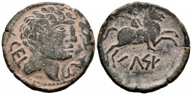 Kelse. Unit. 45-44 BC. Velilla del Ebro (Zaragoza). (Abh-773). (Acip-1490). (C-17). Anv.: Bare male head right; two dolphins before, CEL behind. Rev.:...
