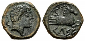 Kelse. Cuadrante. 120-50 BC. Velilla del Ebro (Zaragoza). (Abh-791). (Acip-1488). Anv.: Male head to right, behind dolphin. Rev.: Pegasus on the right...