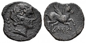 Kelse. Cuadrante. 120-50 BC. Velilla del Ebro (Zaragoza). (Abh-793). (Acip-1475). Anv.: Male head to the right, behind four pellets. Rev.: Pegasus on ...