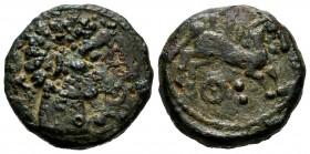 Kueliokos. Half unit. 120-20 BC. High zone of Ebro. (Abh-871). (Acip-1688). Anv.: Bearded head with collar on the right, in front of the dolphin. Rev....