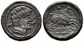 Ekualakos. Unit. 120-20 BC. Area of Soria-Guadalajara. (Abh-969). (Acip-1849). Anv.: Male head to right, in front of dolphin, behind E. Rev.: Rider wi...