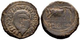 Emerita Augusta. Unit. 22 BC.-14 AD. Mérida (Badajoz). (Abh-1009). (Acip-3373a). (RPC-11). Anv.: PERMISSV CAESARIS AVGVSTI, facing head of Silenus; in...