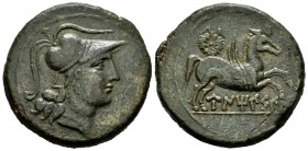 Untikesken. Unit. 120-90 BC. Ampurias (Girona). (Abh-1207). (Acip-999). Anv.: Head of Palas to the right. Rev.: Pegasus Crisaor on the right, below UN...