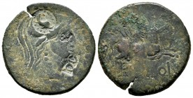 Emporiton. Unit. 220-150 BC. Ampurias (Girona). (Abh-1246). Anv.: Head of Palas to right. Rev.: Pegasus to the right, on top of Laurea, below EMPORIT....